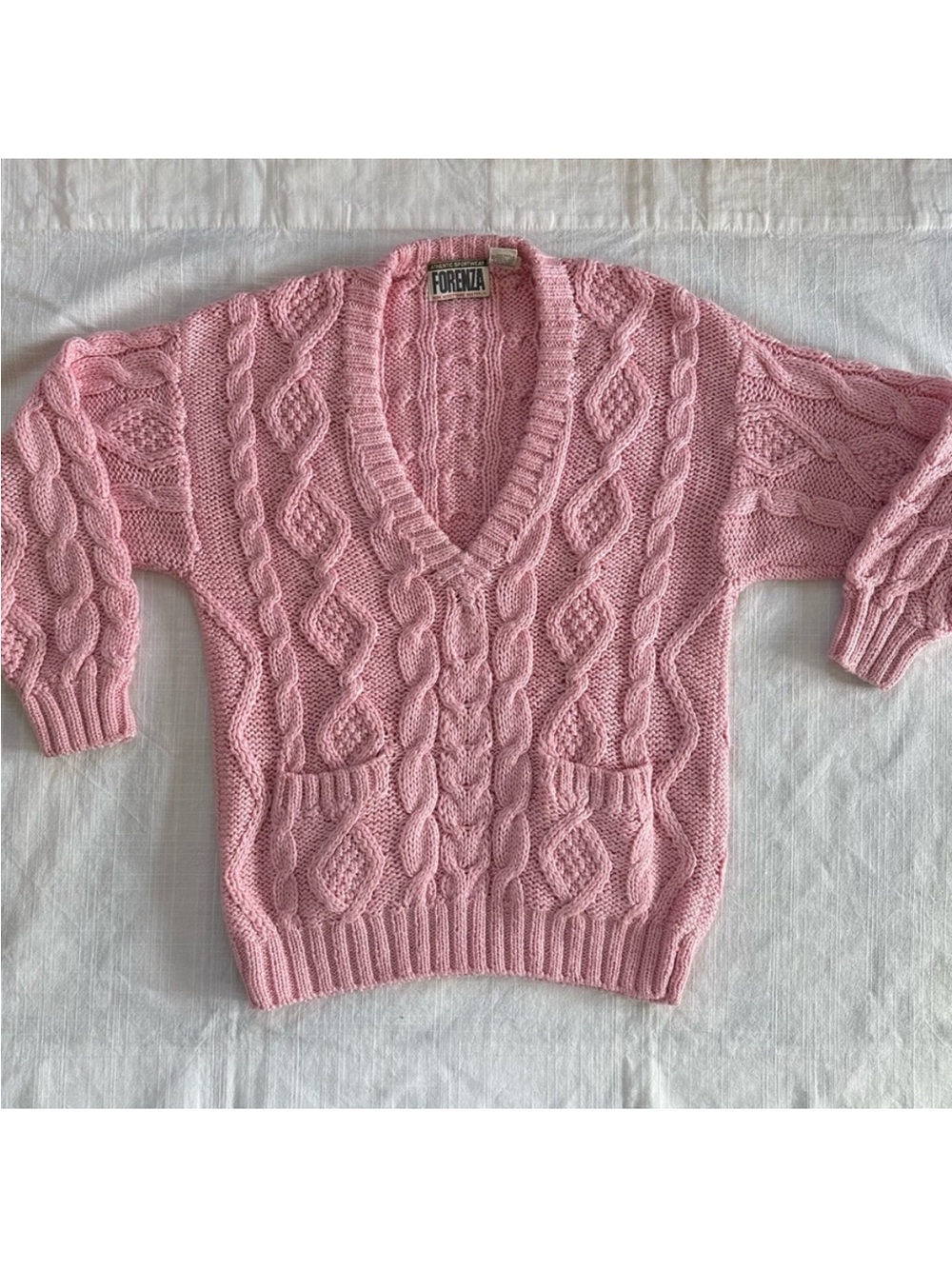 Vintage 80s Forenza Chunky Cable Knit V-Neck Sweater S-M Pink Blokette Preppy